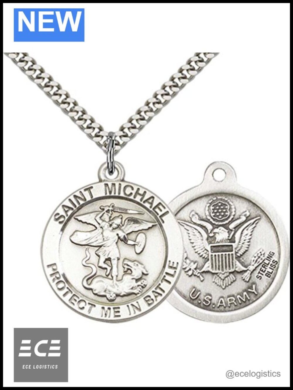 925 Sterling Silver St. Michael Medal Pendant Necklace Curb Chain 24in
